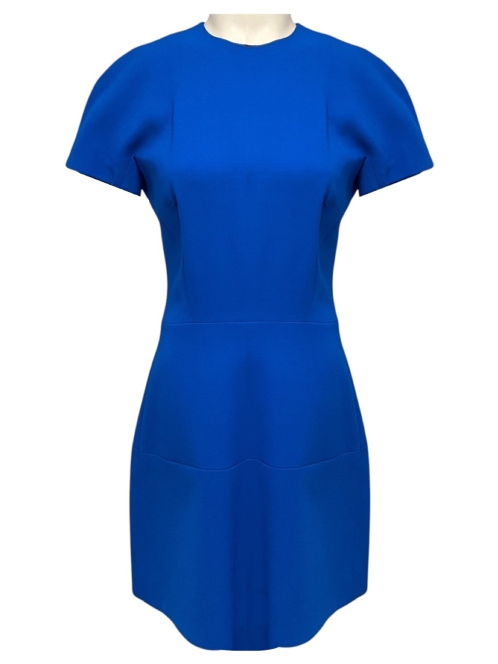 VICTORIA BECKHAM ROYAL BLUE SHORT SLEEVED WOOL AND SILK CREPE MINI DRESS